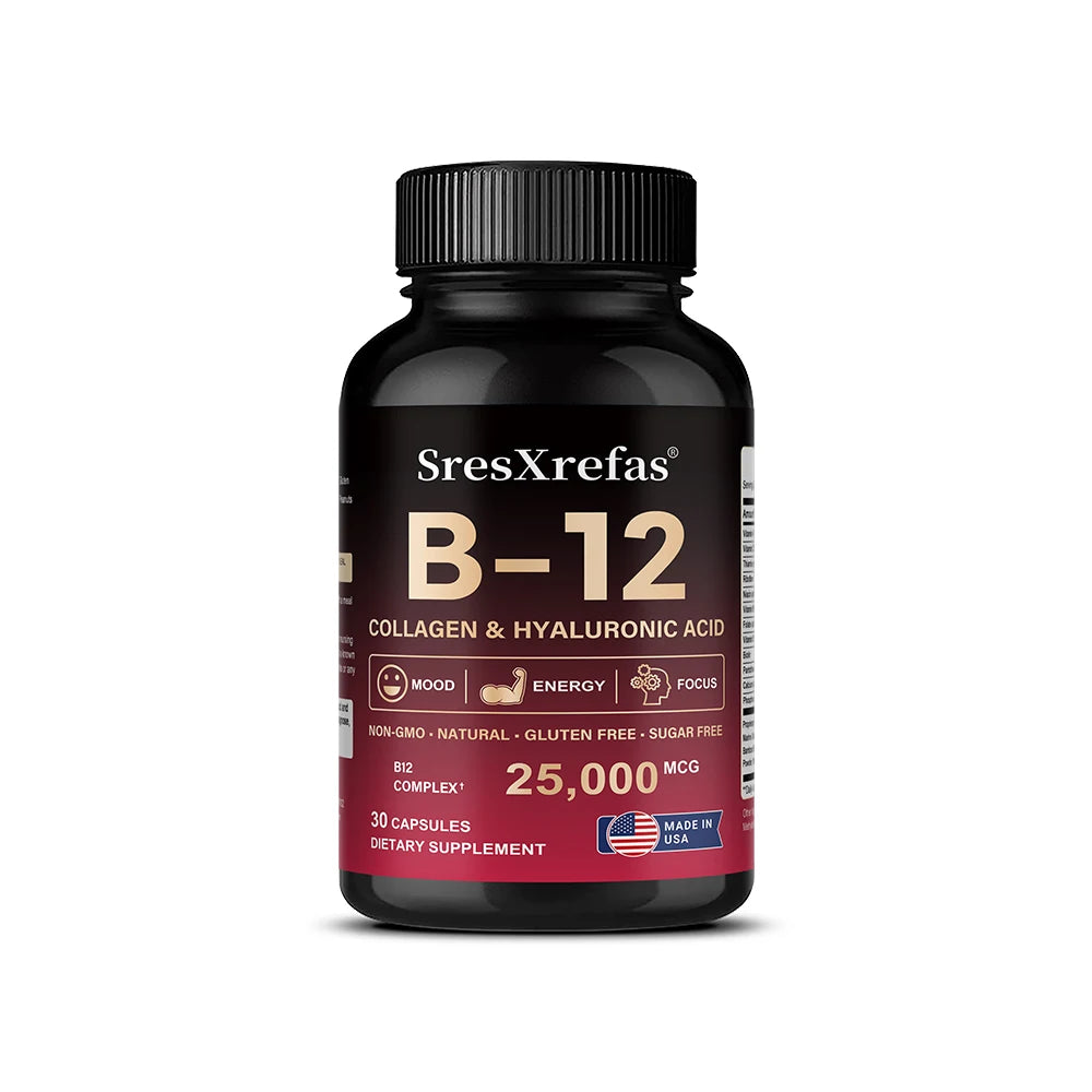 Vitamin B12 with Collagen, Hyaluronic Acid - Supports Energy, Focus, Mood, Nervous System & Immune Health, Relieves Fatigue