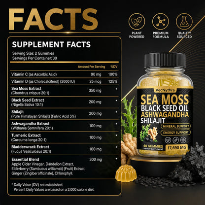 VecNythra 60pcs Gummies 17690MG Sea Moss and Shilajit Bundle with Seamoss Black Seed Oil Ashwagandha Vitamin C High Potency Vitality Combo for Man Women Enhanced Immunity Energy Promotes Energy Boost Immune Support