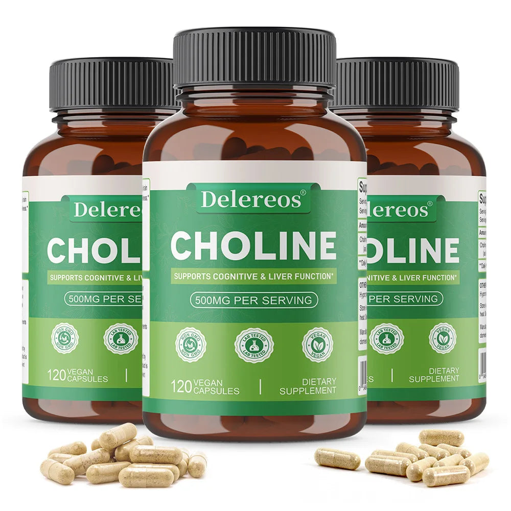 Choline 500mg - High Potency Choline Supplements, Supports Cognitive Performance & Liver Function, Vegan Capsules, Non-GMO
