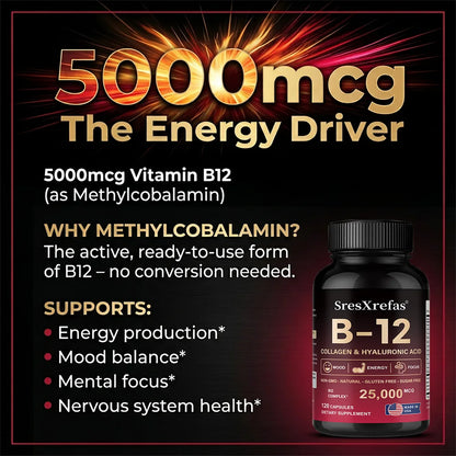 Vitamin B12 with Collagen,  Hyaluronic Acid - Supports Energy, Focus, Mood, Nervous System & Immune Health, Relieves Fatigue