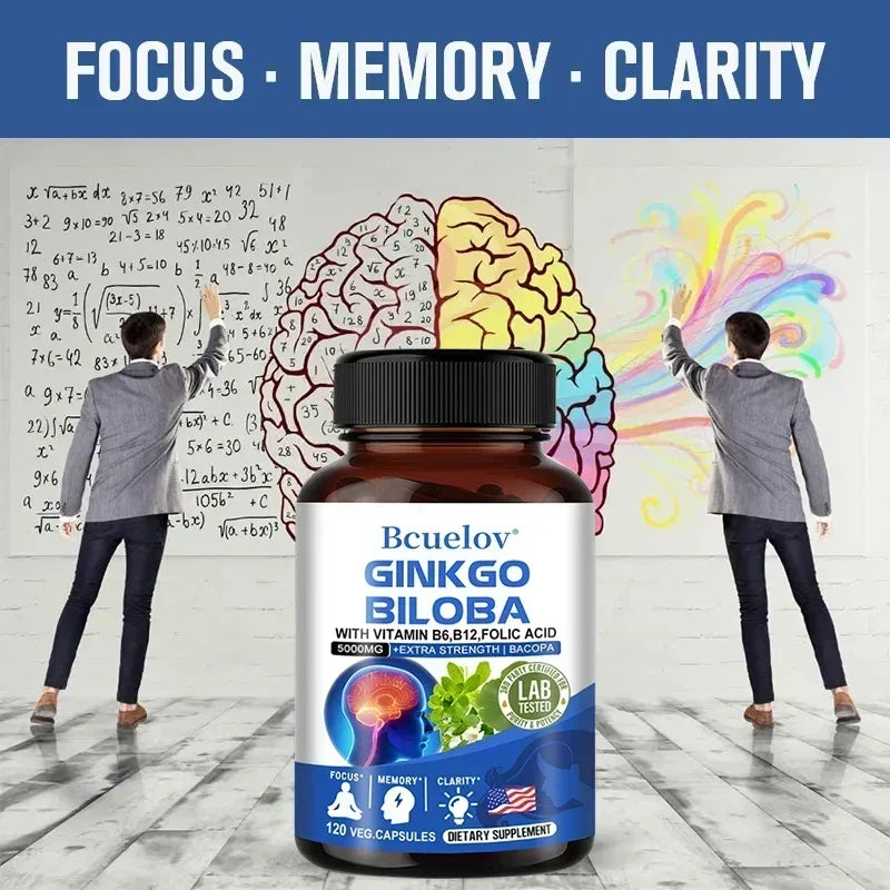 Ginkgo Biloba 5000 mg Extra Strength - Supports Brain Function and Memory, Focus, Stress Relief, 120 Veggie Capsules
