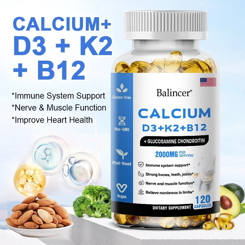 Calcium + D3 + K2 + B12 Capsules - Support Bone and Muscle Health, Replenish Joints