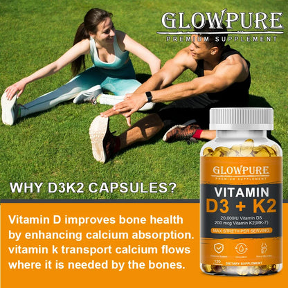 Vitamin D3 K2 Capsule - 20,000 IU Vitamin D3 Promotes Strong Bones, Calcium Absorption, Teeth, Heart, Cardiovascular Health