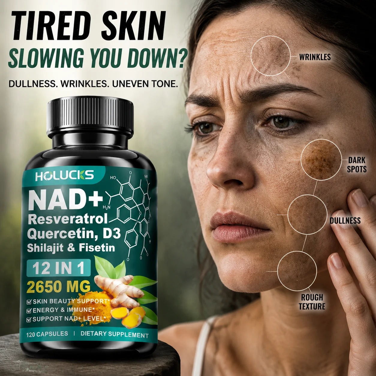 NAD+ Supplement Capsules, with Resveratrol, Anti-Aging, Promotes Cell Repair, Support Energy Vitality Immune,for Skin Health