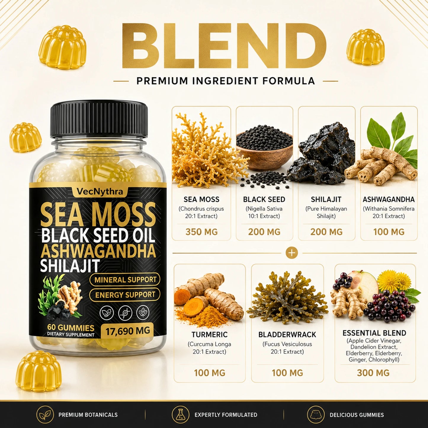 VecNythra 60pcs Gummies 17690MG Sea Moss and Shilajit Bundle with Seamoss Black Seed Oil Ashwagandha Vitamin C High Potency Vitality Combo for Man Women Enhanced Immunity Energy Promotes Energy Boost Immune Support