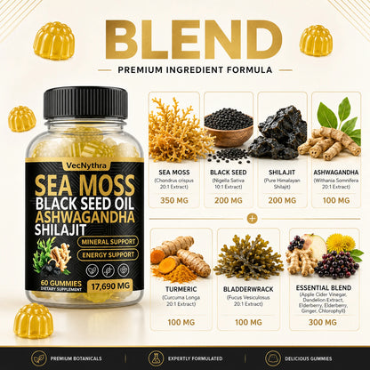 VecNythra 60pcs Gummies 17690MG Sea Moss and Shilajit Bundle with Seamoss Black Seed Oil Ashwagandha Vitamin C High Potency Vitality Combo for Man Women Enhanced Immunity Energy Promotes Energy Boost Immune Support