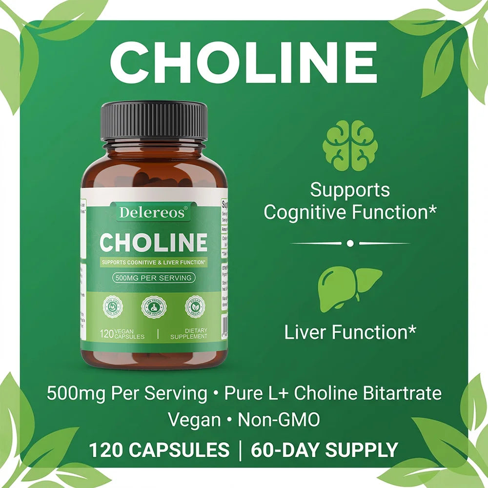Choline 500mg - High Potency Choline Supplements, Supports Cognitive Performance & Liver Function, Vegan Capsules, Non-GMO