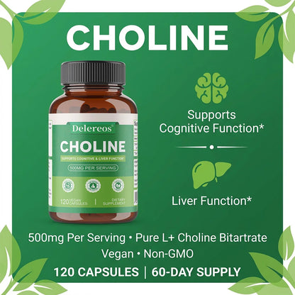 Choline 500mg - High Potency Choline Supplements, Supports Cognitive Performance & Liver Function, Vegan Capsules, Non-GMO