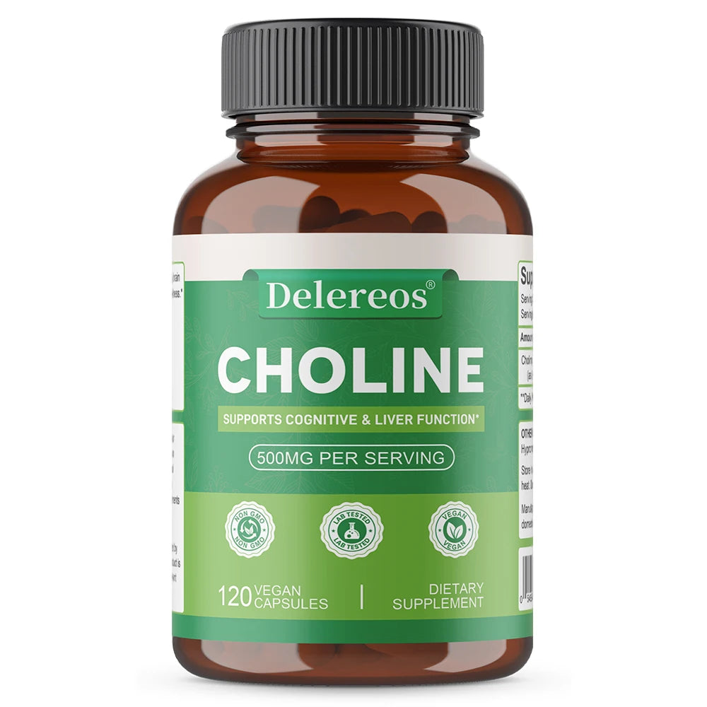 Choline 500mg - High Potency Choline Supplements, Supports Cognitive Performance & Liver Function, Vegan Capsules, Non-GMO