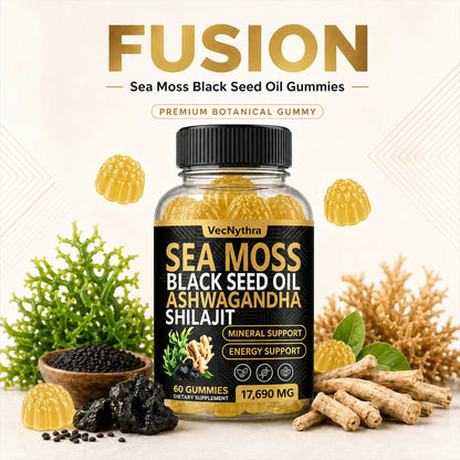 VecNythra 60pcs Gummies 17690MG Sea Moss and Shilajit Bundle with Seamoss Black Seed Oil Ashwagandha Vitamin C High Potency Vitality Combo for Man Women Enhanced Immunity Energy Promotes Energy Boost Immune Support