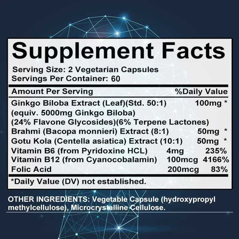 Ginkgo Biloba 5000 mg Extra Strength - Supports Brain Function and Memory, Focus, Stress Relief, 120 Veggie Capsules