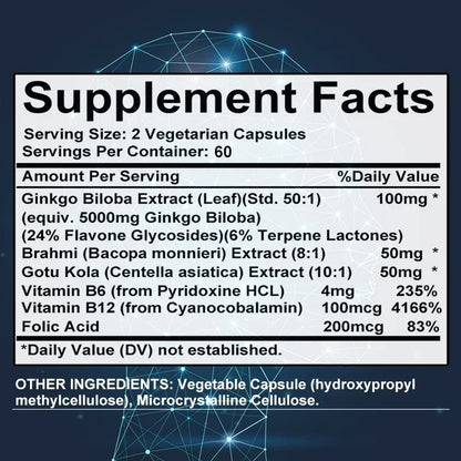 Ginkgo Biloba 5000 mg Extra Strength - Supports Brain Function and Memory, Focus, Stress Relief, 120 Veggie Capsules