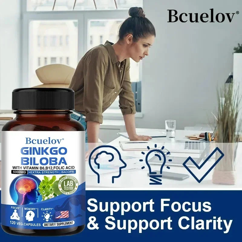 Ginkgo Biloba 5000 mg Extra Strength - Supports Brain Function and Memory, Focus, Stress Relief, 120 Veggie Capsules