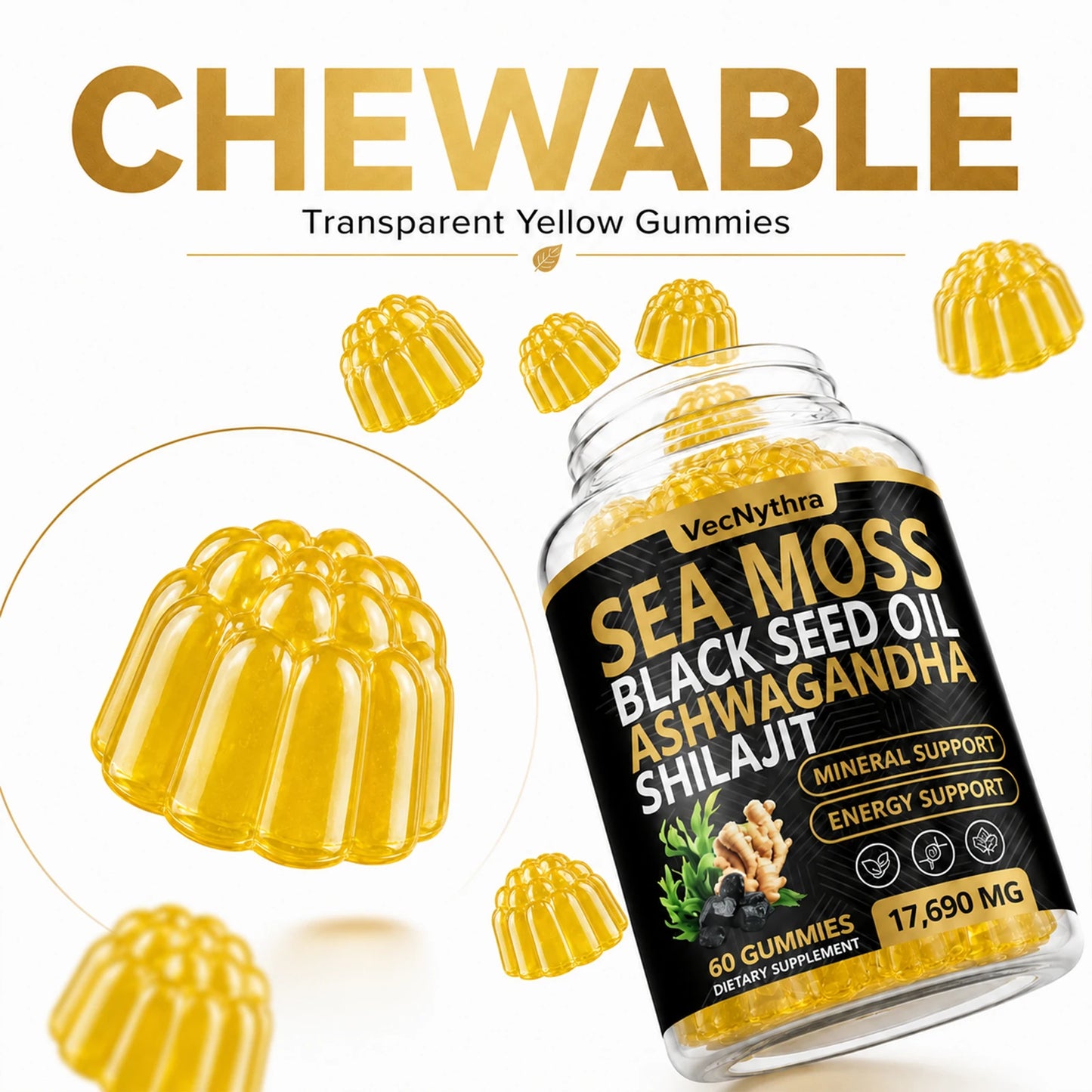 VecNythra 60pcs Gummies 17690MG Sea Moss and Shilajit Bundle with Seamoss Black Seed Oil Ashwagandha Vitamin C High Potency Vitality Combo for Man Women Enhanced Immunity Energy Promotes Energy Boost Immune Support