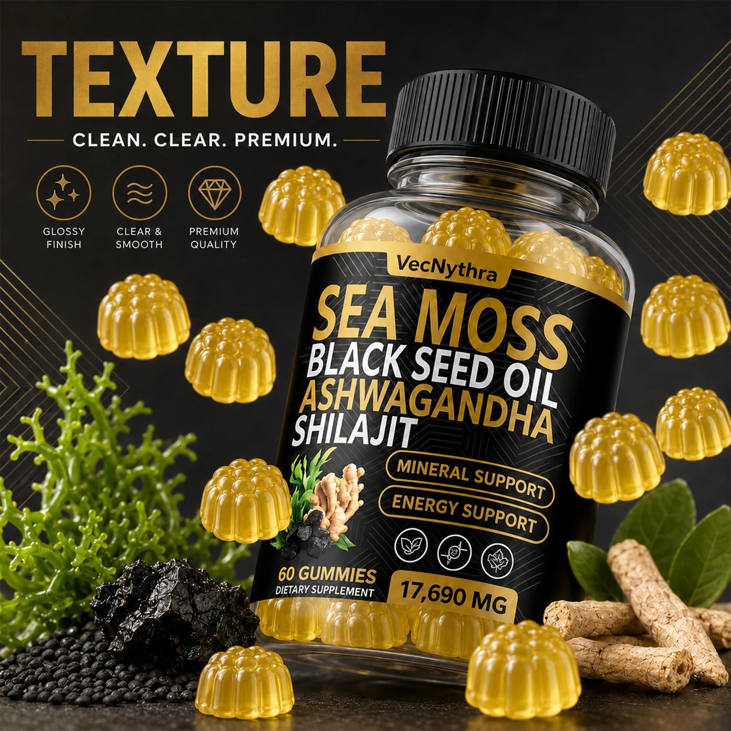 VecNythra 60pcs Gummies 17690MG Sea Moss and Shilajit Bundle with Seamoss Black Seed Oil Ashwagandha Vitamin C High Potency Vitality Combo for Man Women Enhanced Immunity Energy Promotes Energy Boost Immune Support