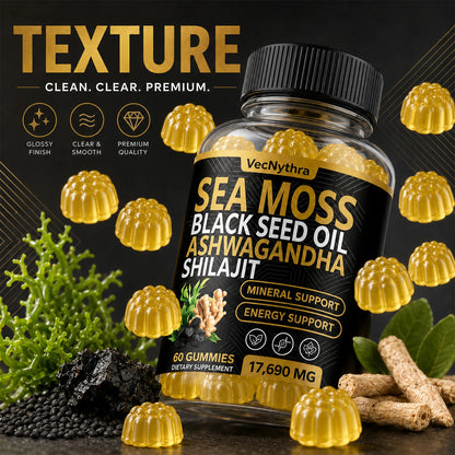 VecNythra 60pcs Gummies 17690MG Sea Moss and Shilajit Bundle with Seamoss Black Seed Oil Ashwagandha Vitamin C High Potency Vitality Combo for Man Women Enhanced Immunity Energy Promotes Energy Boost Immune Support