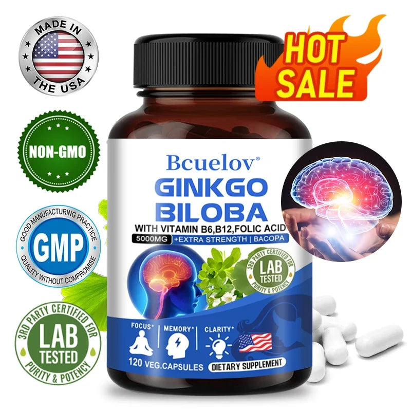 Ginkgo Biloba 5000 mg Extra Strength - Supports Brain Function and Memory, Focus, Stress Relief, 120 Veggie Capsules