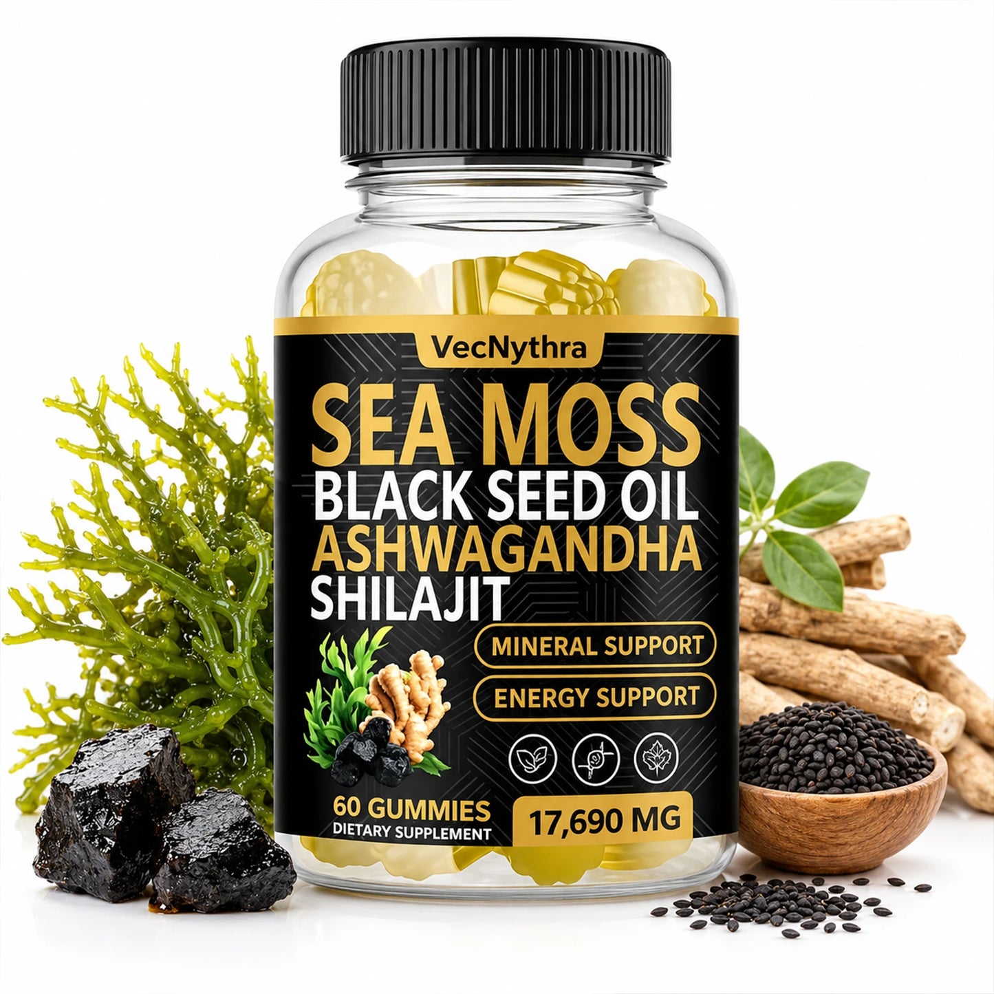 VecNythra 60pcs Gummies 17690MG Sea Moss and Shilajit Bundle with Seamoss Black Seed Oil Ashwagandha Vitamin C High Potency Vitality Combo for Man Women Enhanced Immunity Energy Promotes Energy Boost Immune Support