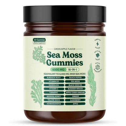 Sea Moss Gummies 16-in-1 Ashwagandha Black Seed Oil Bladder Wrack Turmeric Vitamin C D3 with Manuka Burdock Root Dandelion Apple
