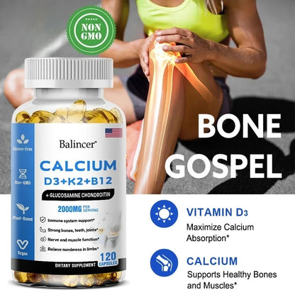 Calcium + D3 + K2 + B12 Capsules - Support Bone and Muscle Health, Replenish Joints