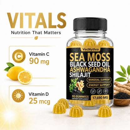 VecNythra 60pcs Gummies 17690MG Sea Moss and Shilajit Bundle with Seamoss Black Seed Oil Ashwagandha Vitamin C High Potency Vitality Combo for Man Women Enhanced Immunity Energy Promotes Energy Boost Immune Support