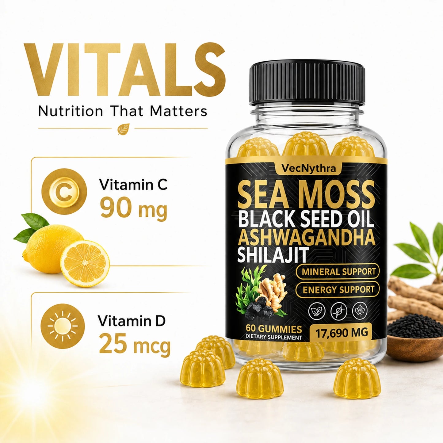 VecNythra 60pcs Gummies 17690MG Sea Moss and Shilajit Bundle with Seamoss Black Seed Oil Ashwagandha Vitamin C High Potency Vitality Combo for Man Women Enhanced Immunity Energy Promotes Energy Boost Immune Support