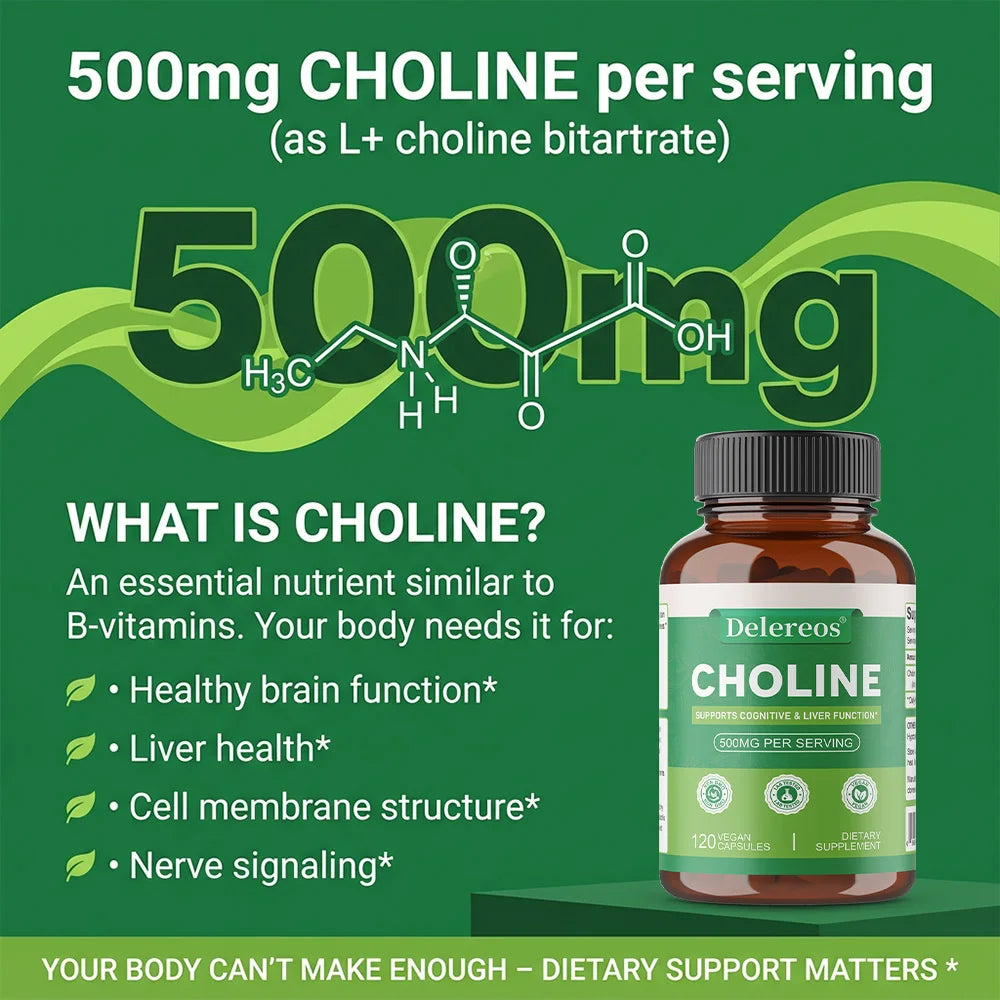 Choline 500mg - High Potency Choline Supplements, Supports Cognitive Performance & Liver Function, Vegan Capsules, Non-GMO